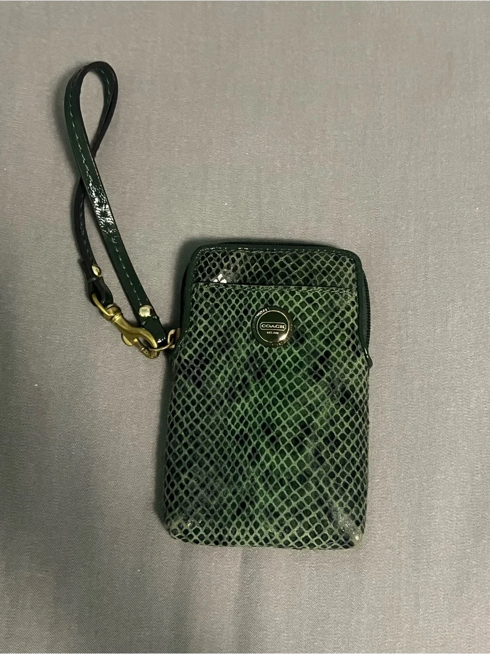 Coach Green Snake-Print Leather Wristlet Pouch with Gold Accent